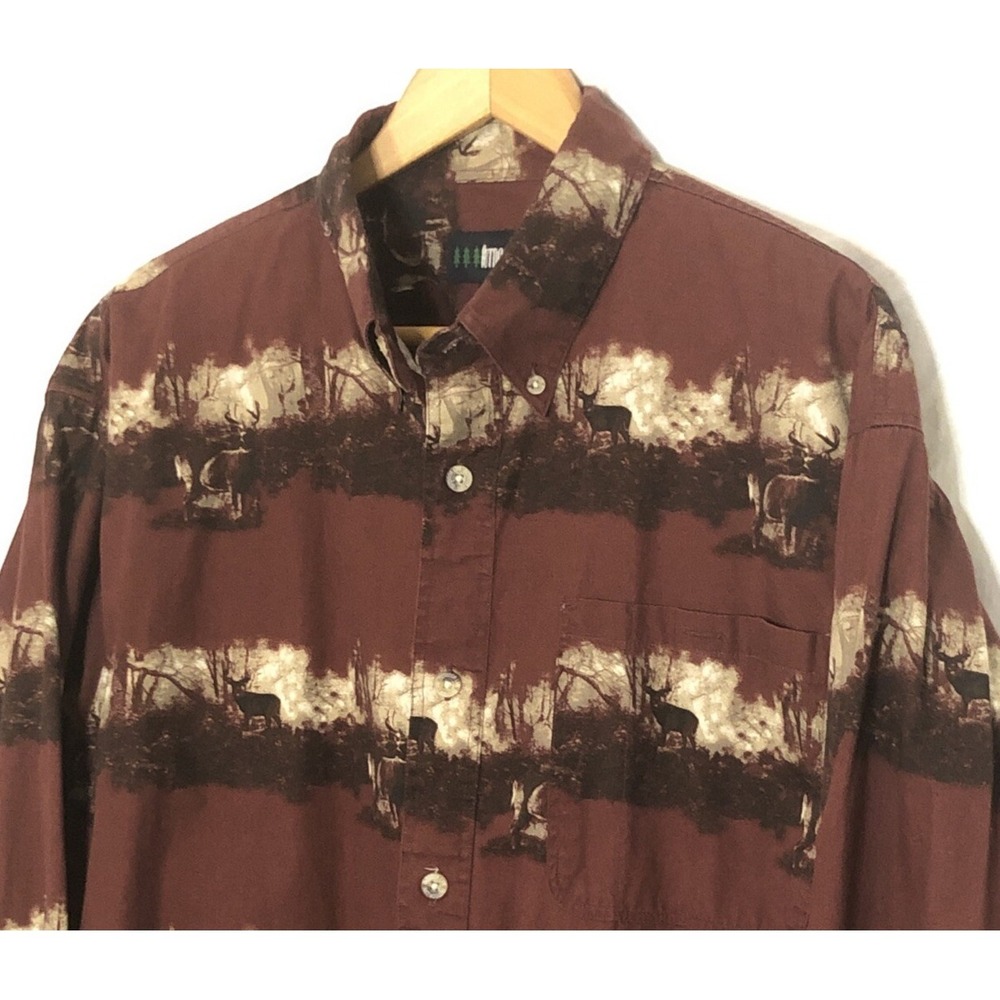 Outdoor Life Shirt Burgundy Sz Large Deer All Over Print Long Sleeve 100% Cotton